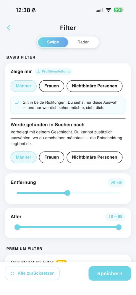 Filter: Zeige mir und Entfernung